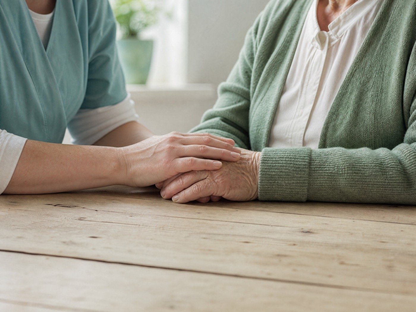 Een zorgverlener legt haar hand rustig op de hand van een oudere cliënt aan een houten tafel.